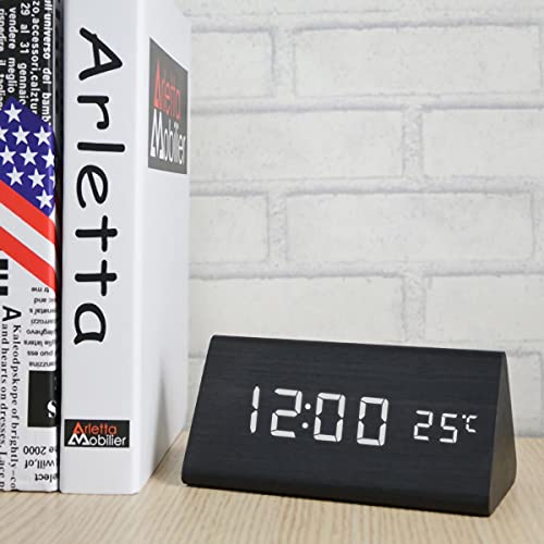 Voltstech Digital Alarm Clock, Triangle Wooden Clock with LED Display, 3 Alarm Settings, 4 Level