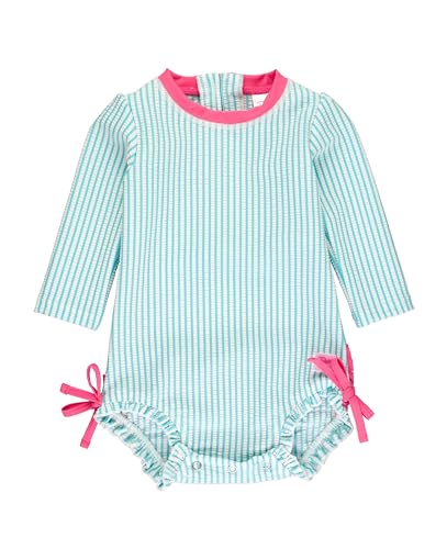 Image of RuffleButts Baby-Girls Seersucker Long Sleeve Rash Guard - One Piece Swimsuit UPF 50+ Toddler