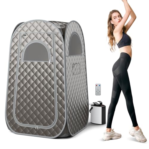 COSTWAY Portable Sauna Steam for Home, Folding Full Body Sauna Tent Steam Room with 3L Steamer Generator, Remote Control & Chair, Pop-Up Personal Home Sauna Pod Box for Therapy Detox Slimming (Grey)