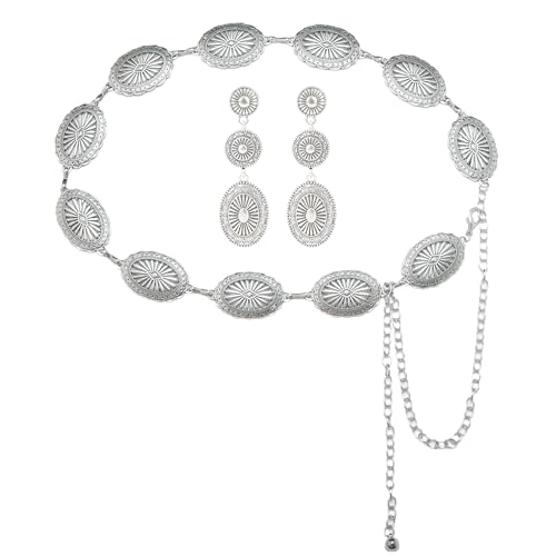 Western Concho Belts for Woman Cowgirl Cowboy Metal Belt Boho Silver Country Chain Belt with Western Earrings