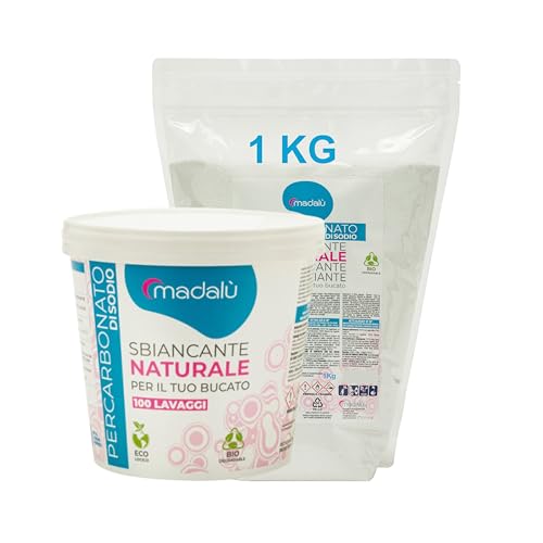 Percarbonato di Sodio per Bucato Puro (1+1 Kg Ricarica, 340 Lavaggi) Smacchiatore Bucato ad Azione Sbiancante, Igienizzante Naturale, Antimuffa, Professionale, Busta Richiudibile 100% Riciclabile