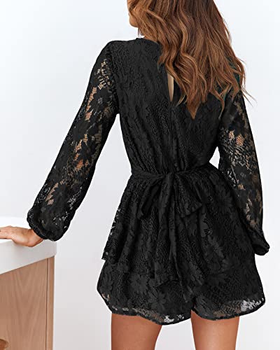 Okiwam Rompers For Women Summer 2023 Long Sleeve V Neck Tie Wasit Wrap Mini Dress Ruffle Hem Romper Dress Short Jumpsuits(Black,X-Large) #TOP3