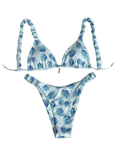 Women's 2 Piece Bikini Set Shell Printed Tie Back High Cut Swimsuit Beachwear