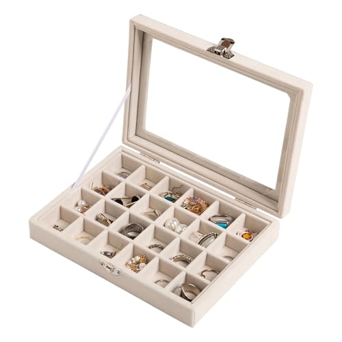 Frebeauty 24 Grid Jewelry Tray,Velvet Stud Earring Organizer,Small Jewelry Organizer with Clear Lid,Lockable Earring Holder for Women & Girls（Beige