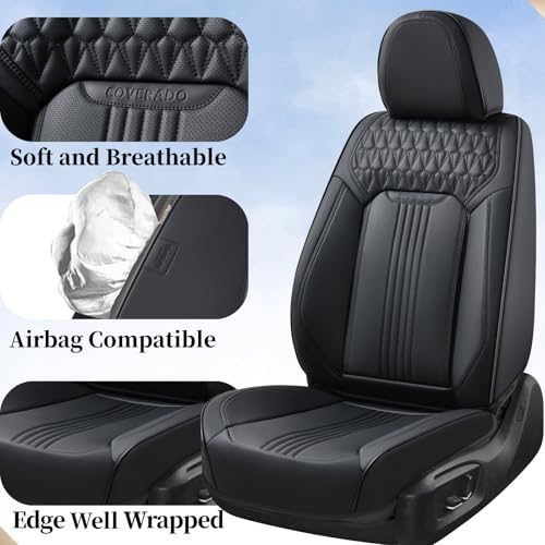 Image of Coverado Seat Covers, Car Seat Covers Full Set, Black Seat Cover, Front Seats Back Seat Cover, Waterproof Car Seat Cushion,Leather Car Seat Protector Universal Fit Most Cars