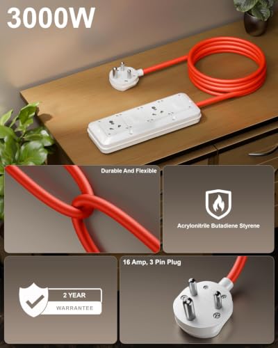 Image of FEDUS 16amp 3000 Watts Extension Board 1 Meter Cable Heavy Duty High Load Capacity Electric Power Cord with 2 Socket 2 Switch,for Oven,EV Charger Charging,Iron Press,Induction Stove,AC