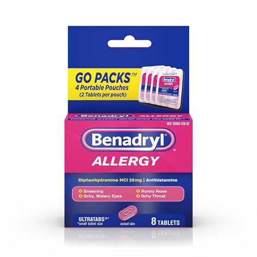Benadryl Ultratabs Go Packs Antihistamine Allergy Relief Medicine, 25 mg Diphenhydramine HCl Tablets for Relief of Cold & Allergy Symptoms, Travel & On-The-Go Size, 4 Packets of 2 Tablets