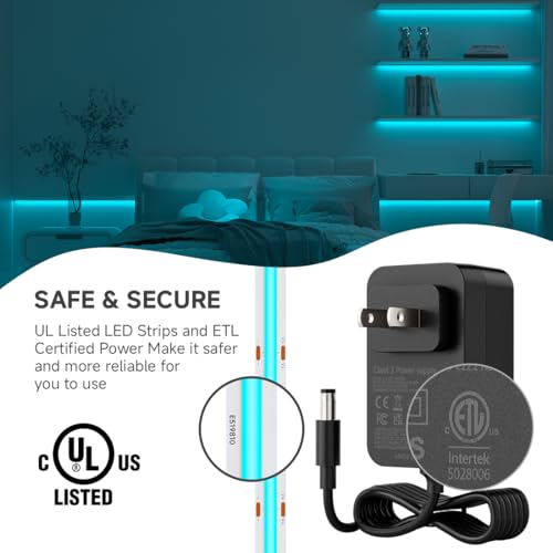 Image of BTF-LIGHTING Ice Blue Color COB LED Strip Light, UL Listed High Density Flexible Tape Light with RF Remote & ETL Power Adapter, DC24V 16.4FT Ultra Bright Light for Cabinet Kitchen Home Indoor Lighting