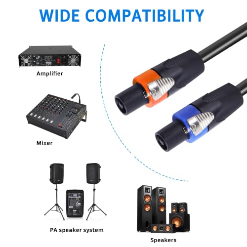 Image of 4 Wire Speakon Cables 12AWG 12FT NL4 Cable Blue & Orange | 12 Gauge 4 Conductor SpeakON Extension Cord with NL4FX Twist Lock Plug, for Church, Tour, Theater, Band, Bar, Home Audio