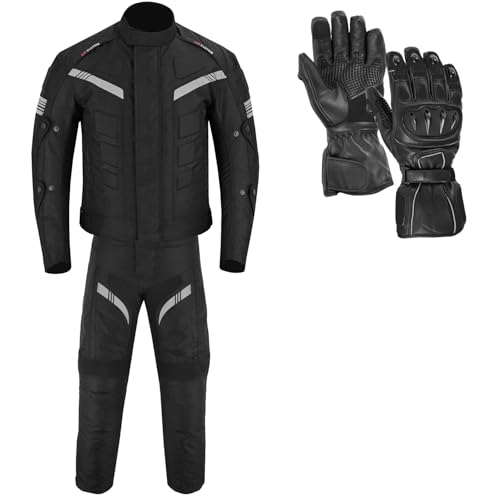Hive Moto Men’s Motorcycle Suit Waterproof Cordura Jacket with Trousers and Leather Gloves, CE Approved Biker Protection Gear (Black, Small)