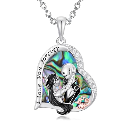 LILALO Nightmare Necklace Gifts Sterling Silver Heart Abalone Shell/Moon Jack and Sally Necklaces I Love You Forever Skull Jewelry Birthday Christmas Gift for Women Wife Girlfriend Daughter
