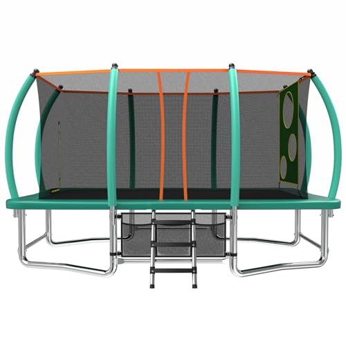 Mersco Rectangle Trampoline Outdoor for Kids and Adults, 8x14 FT, 10x16 FT Trampoline with Enclosure and Ladder, ASTM Compliant, 1760LBS Capacity Anti-Rust Coated Frame for Backyard, Blue/Gr