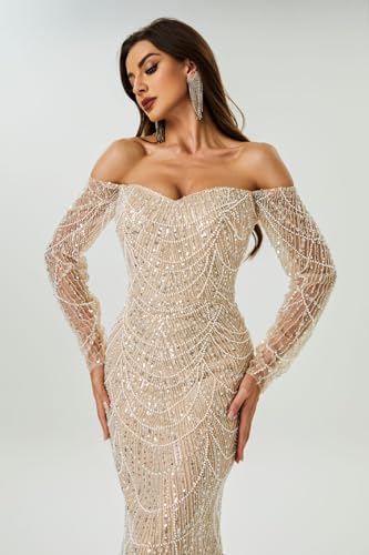 Datangep Luxury Bead Champagne Prom Dresses Off Shoulder Long Sleeves Mermaid Evening Dress Formal Party Gowns4