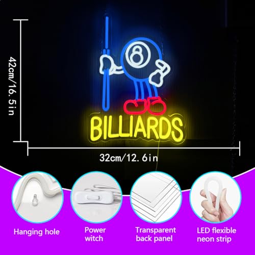 Image of Billiard Neon Sign, Man Cave Neon Sign, Neon Signs for Wall Decor, USB Powered Neon Wall Signs for Billiard Room Game Party Decor Bedroom Man Cave Boys Billiards Lovers Gift