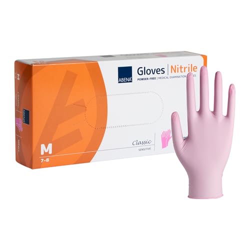 ABENA Pink Disposable Nitrile Gloves Medium Pack of 100 Powder Free Latex Free Examination Gloves for Cleaning Food Prep Beauty Medical & Hygiene Strong Single Use Protective Gloves