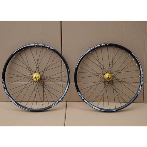 LSRRYD Rueda 24'' 26'' 27.5'' 29'' Juego De Ruedas Freno Disco QR Bicicletas De Montaña Llanta Delantera Trasera Bujes Rodamientos 8 9 10 Velocidad (Color : Black-Gold, Size : 24inch)