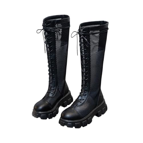 Knee High Mesh Boots for Women Closed Toe Platform Summer Boot Sandals Breathable Mesh Lace up Back Zip Summer Shoes