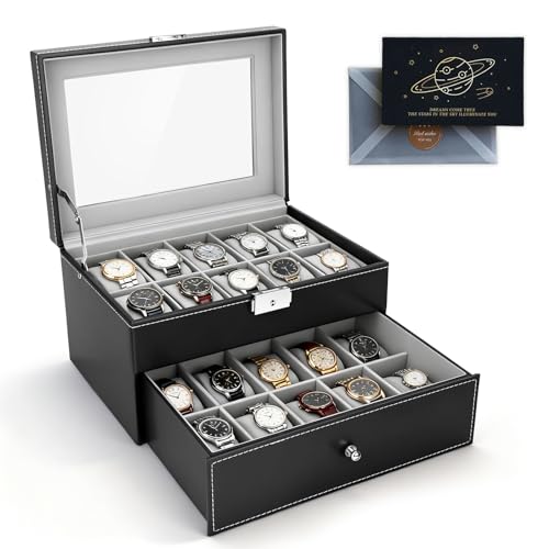 ZUSUZU Caja de Relojes,Caja para de Relojes con Dos Capas,Estuche Relojero Organizador,con tapa de cristal,funda de PU en negro, regalo para un amigo, Día del Padre