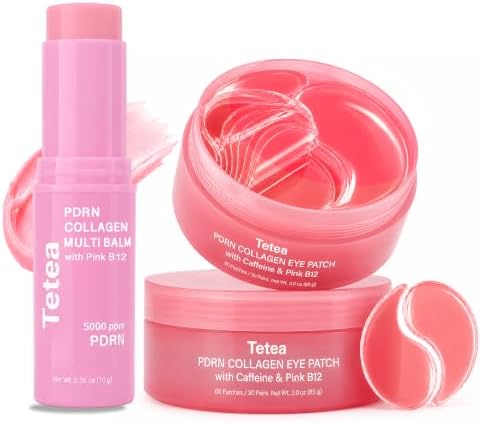 PDRN Pink Collagen Multi Balm Stick & Under Eye Patch Set, 0.32 oz | Caffeine and Pink B12, Hydrating Care, For Under Eyes, Face, Neck and Lips, 60 Eye Patches