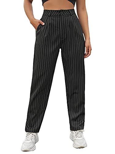 Milumia Women High Waisted Striped Pants Work Office Pleated Suit Pants with Pocket Black X-Small