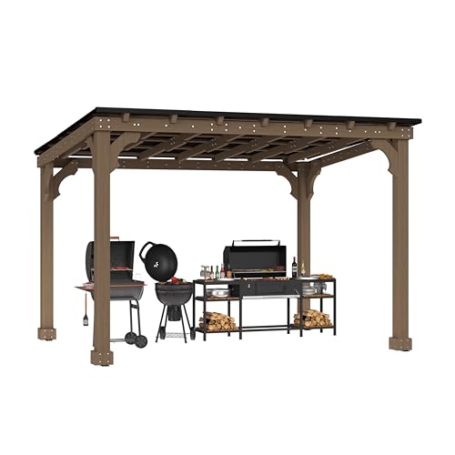 Image of BlueWish 10' x12' Cedar Wood Grill Gazebo with 5.5 inch Width Column, Grill Gazebo Shelter with Sturdy Structure, Wind-Resistant Patio Gazebo with Sloping Roof for Barbecue, Backyard, Light Mocha Brown
