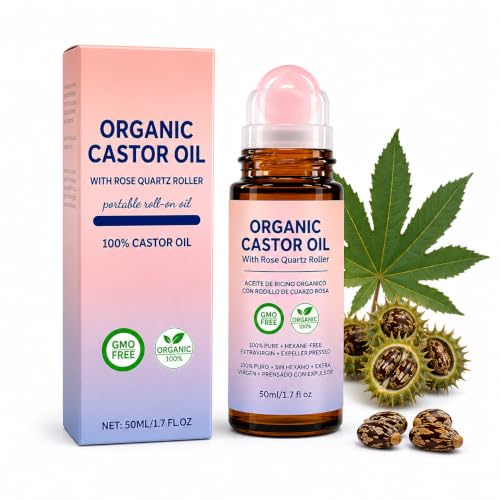 WZRGLOW Castor Oil Roll On with Rose Quartz Roller, 100% Pure Cold Pressed Hexane Free Castor Oil for Face, Body, Hair, Brows, Lashes, Cuticles and Dry Skin, Unscented Single Ingredient, 1.7 Fl Oz