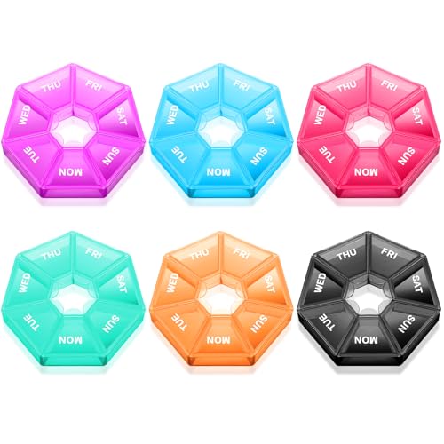Patelai 6 Pcs Small Weekly Pill Organizer 7 Day Sided Vitamin Case Portable Planner 7 Copartment Travel Round Storage Box Daily Reminder Container for Medicine Supplement Fish Oil (Fresh Colors)