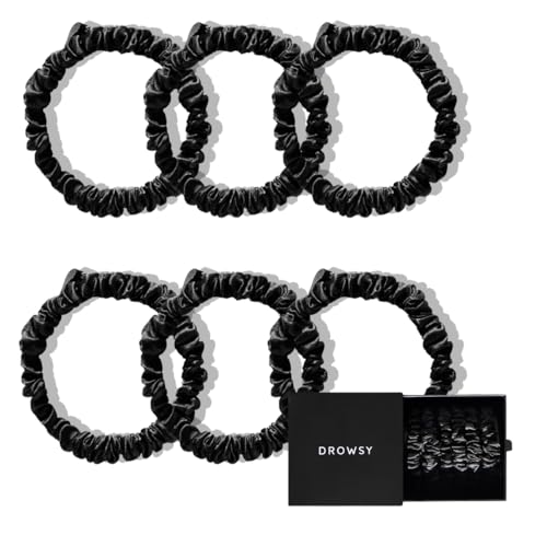 Drowsy Luxury Skinny Silk Scrunchies - Small Mulberry Silk Hair Scrunchies, No Damage Hair Ties to Protect Hair Health & Maintain Moisture - All Hair Types - Pack of 6 (Black Jade)