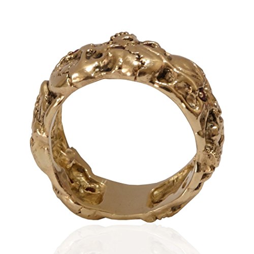 Masonic Memento Mori 10K Gold Skull Band Men’s Ring, Ruby Color Stones #TOP3