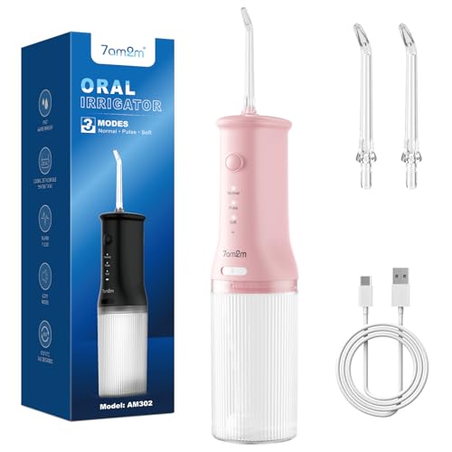 7AM2M Portable Cordless Water Flosser Oral Irrigator with 3 Modes & 2 Tips Fast Rechargeable IPX7 Waterproof Dental Water Flosser for Travel and Home Use (Pink)