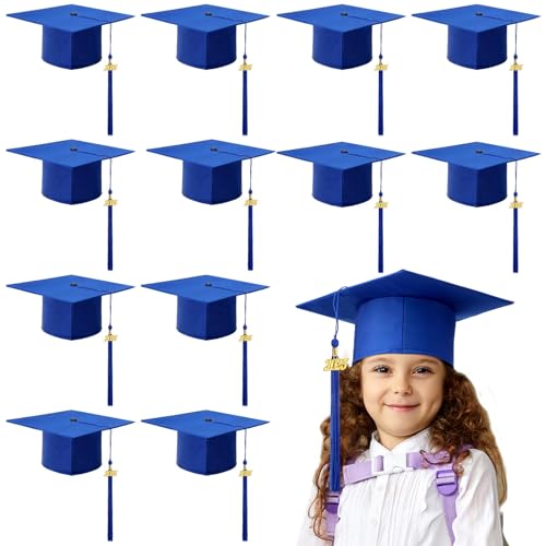 Berlune 12 Pcs 2025 Preschool Grad Caps Bulk Kindergarten Graduation Cap Child Size Grad Hats with Metal 2025 Tassel for Preschool (Blue)