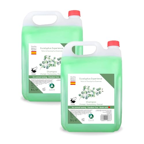 Pack 2 garrafas champú 5 litros Eucalyptus Experience - total 10 litros - fórmula con pH neutro y aroma a eucalipto - limpieza capilar para uso frecuente en hoteles, gimnasios, alojamientos - Vitacab