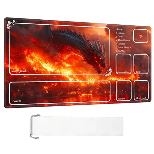 Image of ETLKJVBL for MTG Playmat with Zones, Fire Dragon Over Burning Town Premium for Magic The Gathering Mat with Beautiful Patterns & Storage Bag for Game Players, 28 x 16 Inch for Card Game Mat