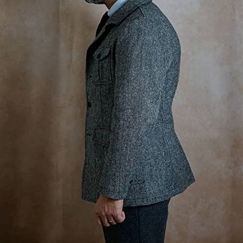 Mens Herringbone Tweed Jacket Lapel Button Down Business Formal Blazer with Pockets2