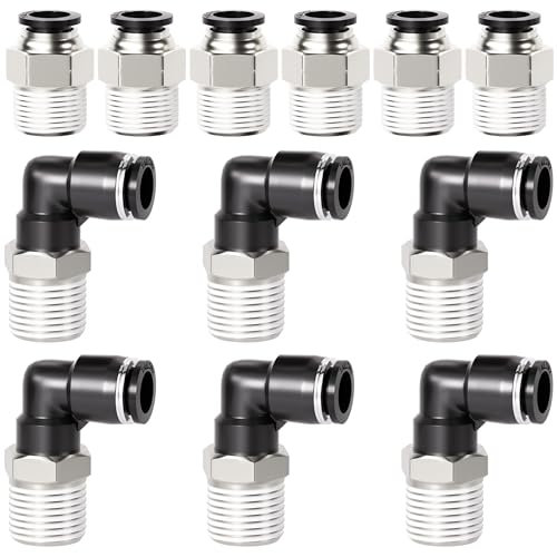 TAILONZ PNEUMATIC Elbow and Straight Combination 1/2 Inch Tube OD x 1/2 Inch NPT Thread Push to Connect Fittings PC-1/2-N4+PL-1/2-N4(Pack of 12)