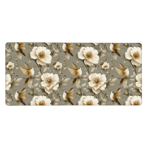Tapis de souris de jeu premium colibri blanc doré avec bords cousus renforcés
