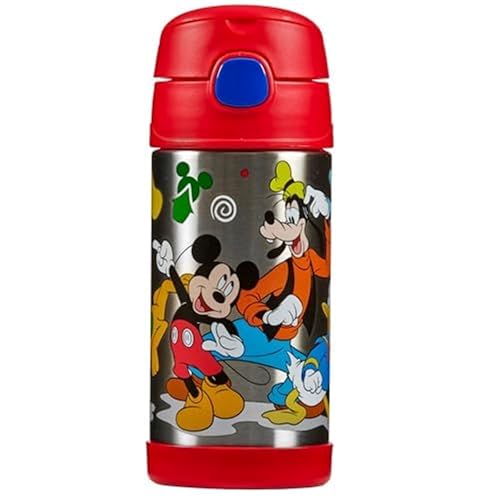 Thermos - Kid Water Bottle Disney Mickey & Friends (355ml) - BPA Free Stainless Steel Flask Spill Proof Pop-Up Straw Carry Handle Dishwasher Safe 12-Hour Cold Drink School Clubs Sports