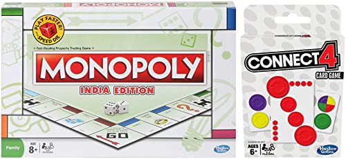 Image of Monopoly India Edition Game, for Ages 8 and Up & Hasbro Gaming Connect 4 Card Game for Kids Ages 6 and Up, 2-4 Players 4-in-A-Row Game