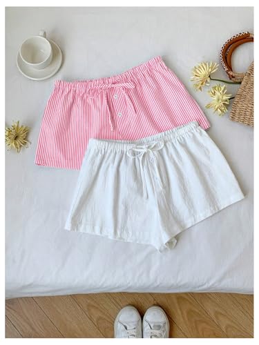 Image of MakeMeChic Women's 2 Pack Linen Shorts Striped Gingham Summer Beach Pajama Boxer Shorts