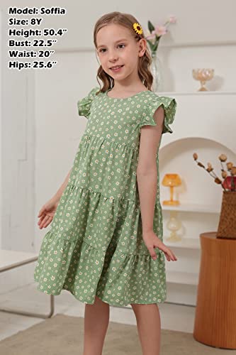 Gorlya Girls Floral Print Ruffle Sleeve Tiered Loose Fit Pleated Swing Midi Dress 4-14T (Gor1113,Greenflower,14Y) #TOP2