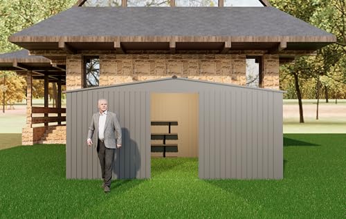 YOPTO 11x13 FT Outdoor Storage Shed,Metal Waterproof Tool House with Firewood Shed and 2 Integrated Punched Vents,2-in-1 Garden Storager Apex Roof Shelter w/Window & Door for Wood,Bicycles,Grey