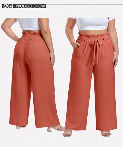 Image of OLRIK Women's Plus Size Pants Adjustable High Waisted Wide Leg Palazzo Pants Casual Trousers with Pockets Spring Clothes