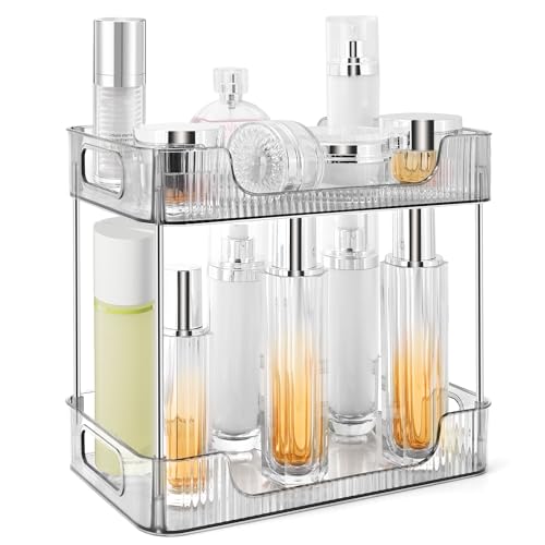 Image of 2-Tier Bathroom Counter Organizer Countertop Storage, Dresser Organizer Vanity Tray for Makeup, Perfume Organizer Cosmetics Skincare Shelf - Grey