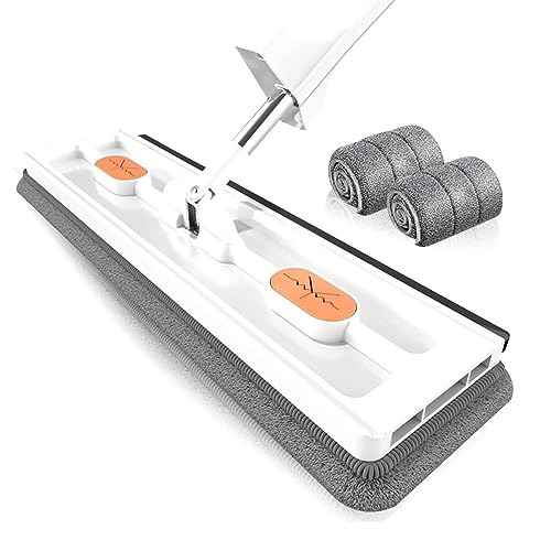 Grande mocio piatto, set con secchio, giunto girevole a 360°, mocio con funzione strizzatore, con 1 secchio pieghevole + 2 stracci, bianco