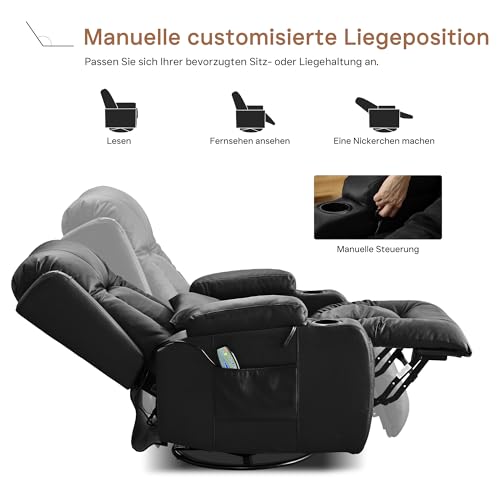 SITURAY Manuell Verstellbar Relaxsessel Fernsehsessel Massagesessel mit Liegefunktion Wippfunktion, 360° Drehbar TV Sessel mit Heizung, Kunstleder Kinosessel bis 150 kg für Wohnzimmer (2, Schwarz) – Bild 6