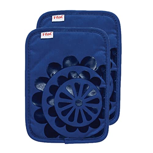 T-fal 2-Pack Medallion Design 100% Cotton and Silicone Pot Holder - Heat-Resistant Silicone Grip - Blue