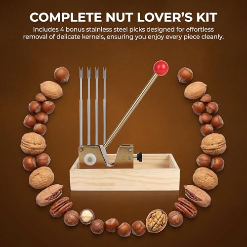 Image of Nut Cracker Tool, Walnut Cracker & Pecan Cracker with Adjustable U-Groove - All-in-One Nut Crackers for All Nuts with Wooden Storage Base & 4 Steel Picks for Pecans, Walnuts, Macadamia & More