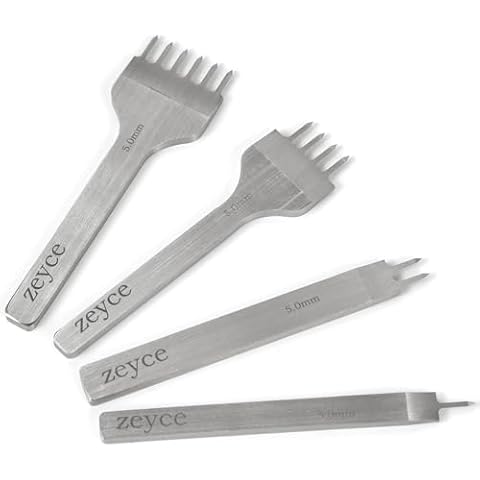 zeyce 4 PCS Leather Hole Punch Working Steel Tools, 5mm 1/2/4/6 DIY Leather Tools Crafting Stitching Punch Tool Leathercraft Supplies Leather Lacing Chisel Set Cover