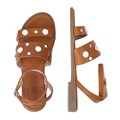 SANDALUP Rivets Studded Flat Sandals Open Toe Summer's Sandals for Women Brown 09