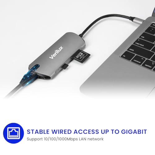 Image of Verilux USB C Hub with Ethernet RJ45 Port, 8 in 1 USB C Hub PD 60W Fast Charging USB 3.0 Hub with 4K HDMI Converter Supports SD /TF Card Reading Travel Multifunctional USB C Hub for Laptop, PC